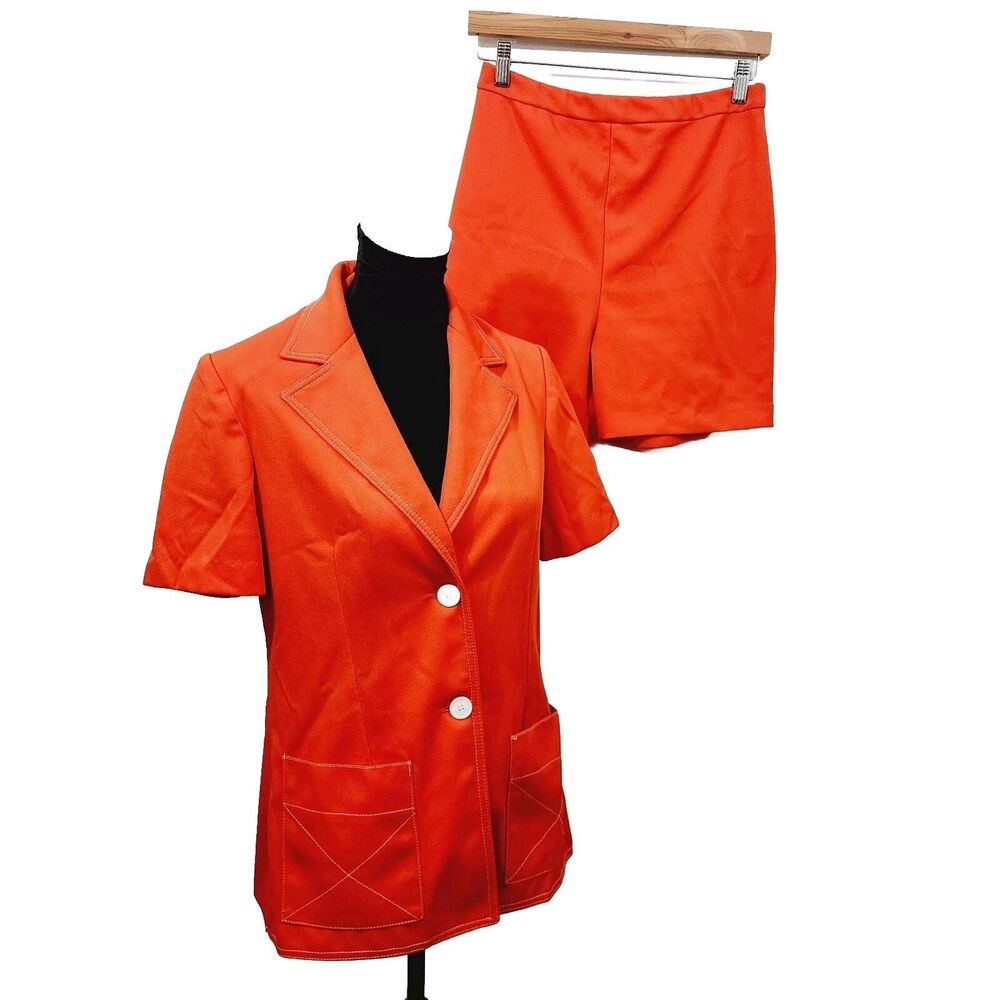 Vintage Jack Winter Orange Shorts Suit Polyester White Stitch Womens Tag Size 10